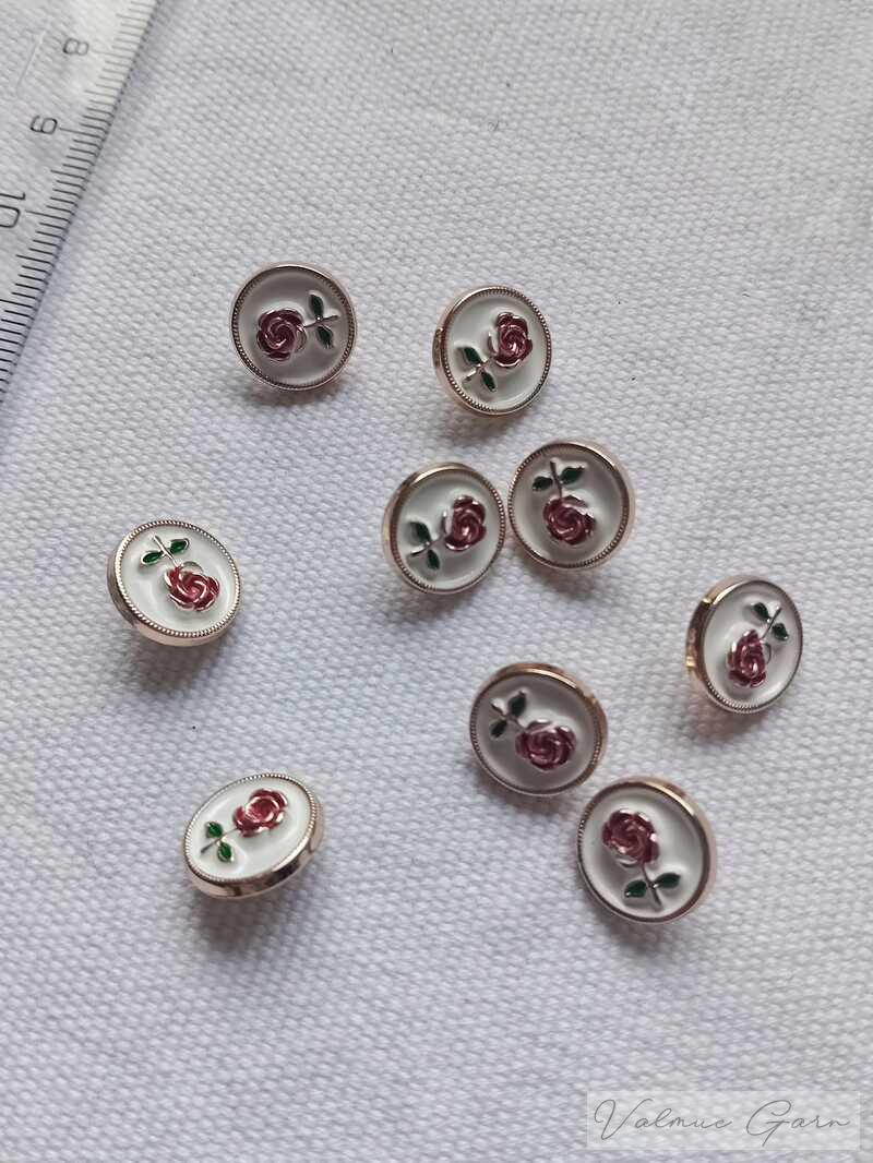 Knoflík 10 mm bílý s červenou růží